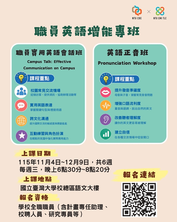 國立臺灣大學 - 雙語教育中心辦理職員英語增能專班圖片